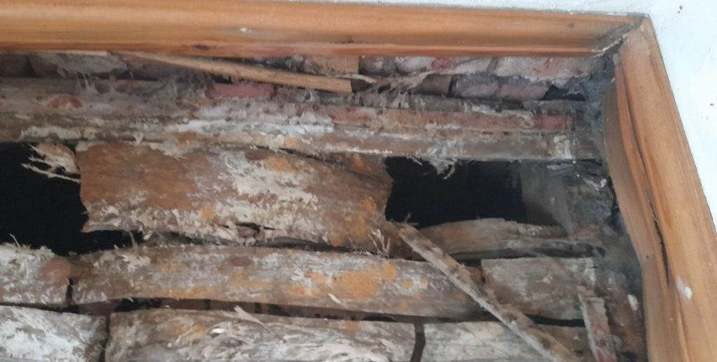 Damaged timber and plaster with visible holes, decayed wood from dry rot damage and exposed brickwork, bordered by a skirting board and wooden trim, indicating significant water or structural deterioration